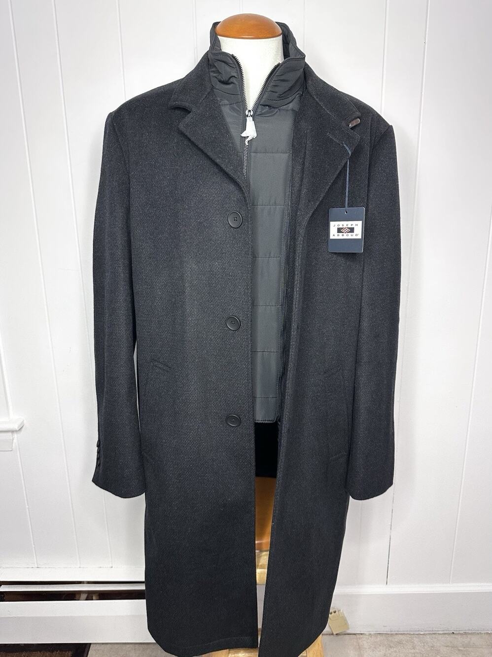 $370 NWT Joseph Abboud Wool Blend Overcoat w/ Removable Quilted Bib - Mens LT